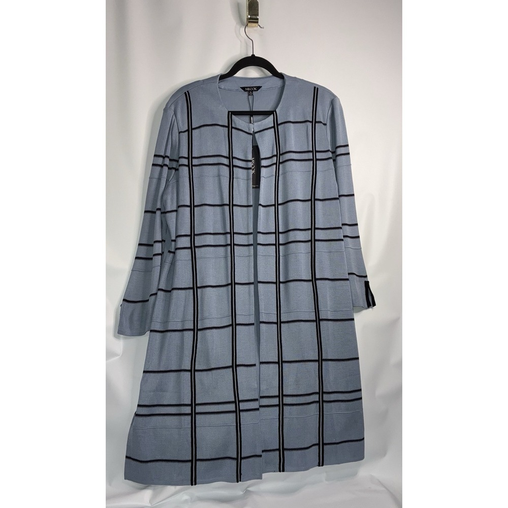 Misook Long Cardigan Jacket Light Blue Black Window Plaid Sz‎ Xl Travel Office